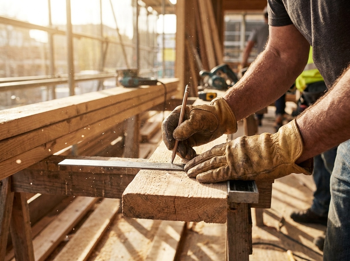MRT craftsman measuring lumber on a job site