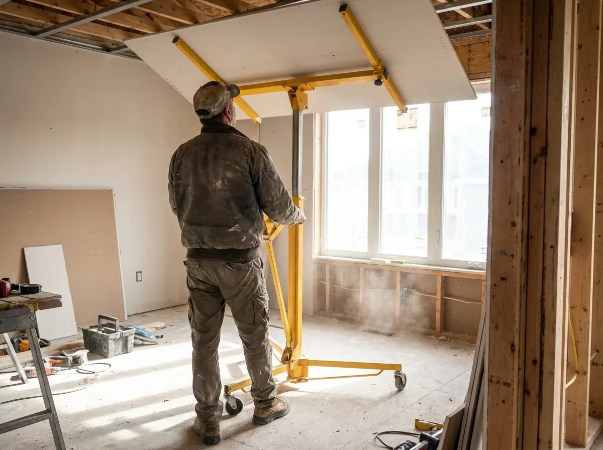 Hanging drywall on a ceiling with a panel lift