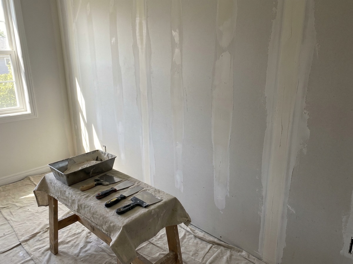 Taped and mudded drywall seams