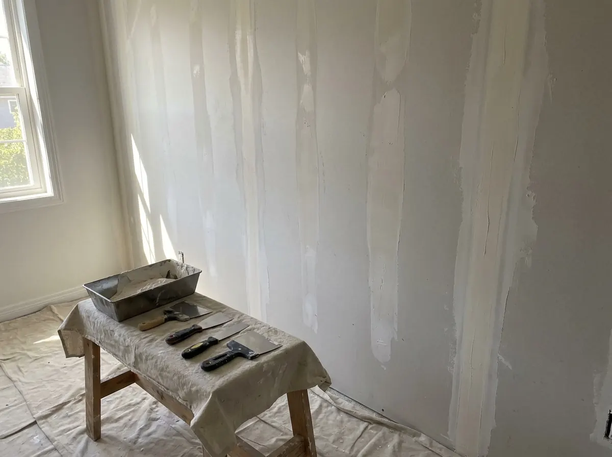 Taped and mudded drywall seams